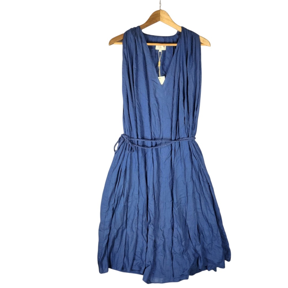 Blue Sleeveless V-Neck Women's Dress with Waist Tie